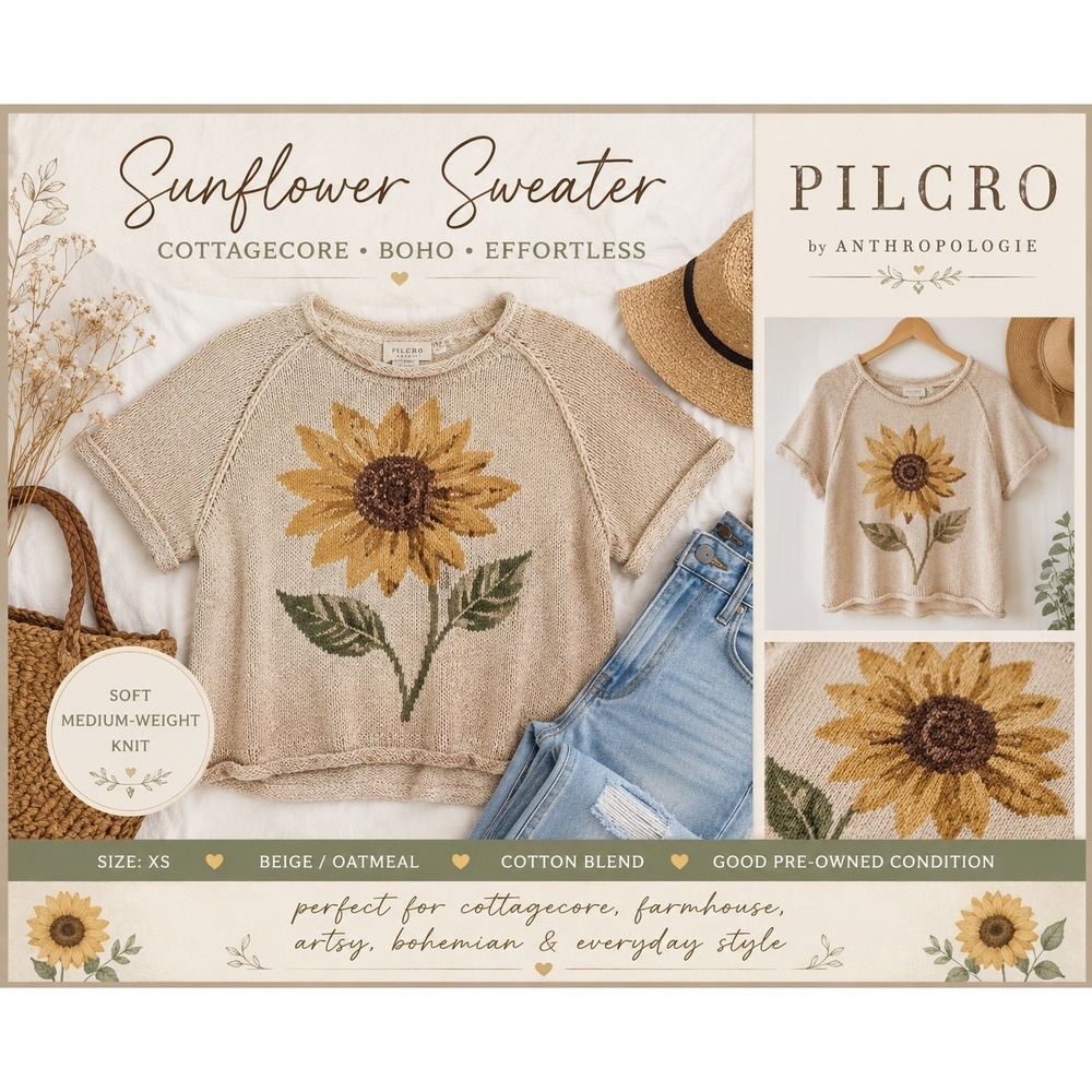 Pilcro Anthropologie Sunflower Sweater XS Beige Short Sleeve Knit Cottagecore...